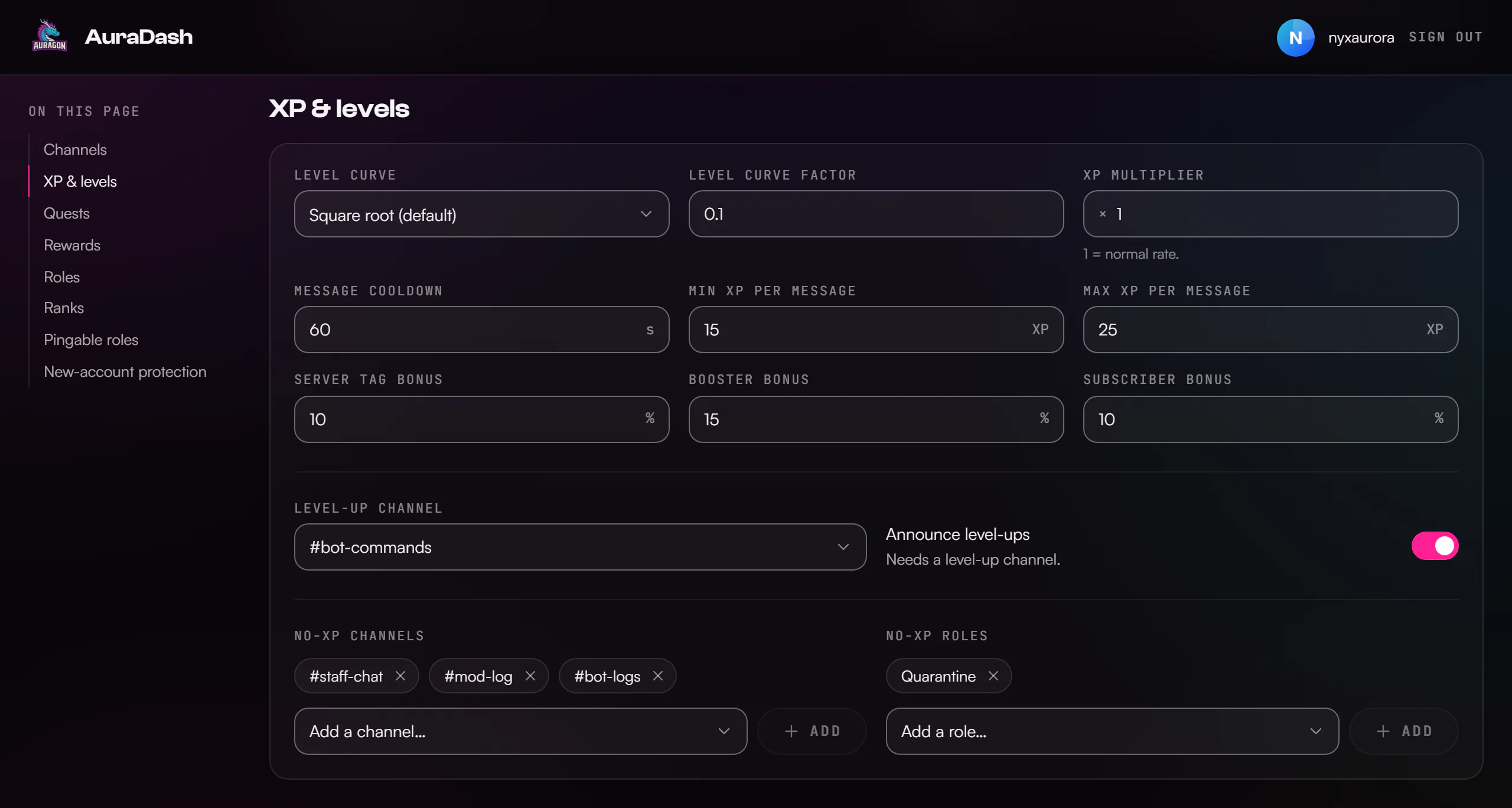 AuraDash settings page. A section index on the left lists Channels, XP & levels, Quests, Rewards, Roles, Ranks, Pingable roles and New-account protection; the XP & levels form is open on the right.